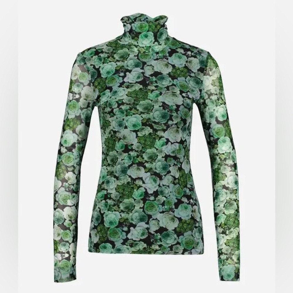 Ganni Printed Floral Mesh Rollneck Long Sleeve Turtleneck Green Top
